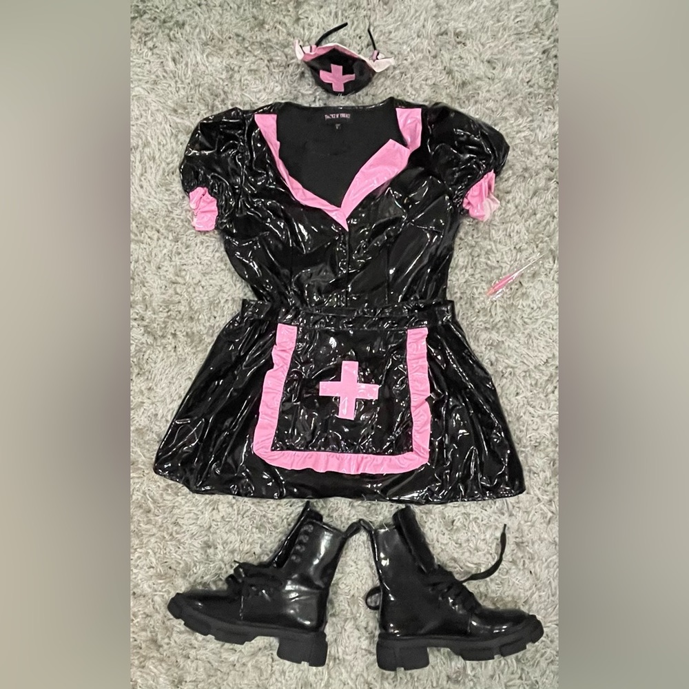 Faux Leather Black & Pink Nurse Costume by Dolls Kill